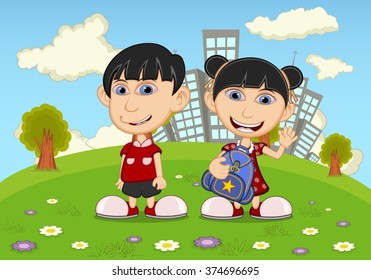 Children playing in the park cartoon vector illustration