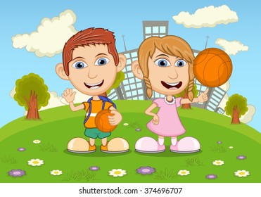 Children playing in the park cartoon vector illustration