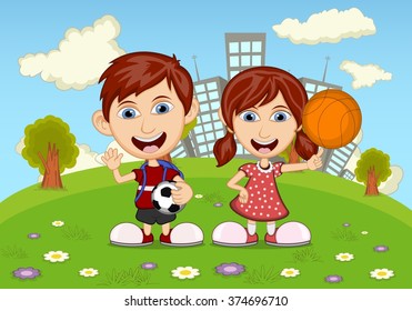 Children playing in the park cartoon vector illustration