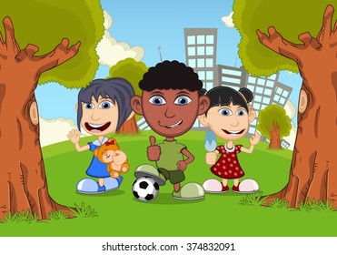 Children playing in the park cartoon vector illustration