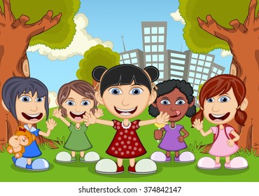 Children playing in the park cartoon vector illustration