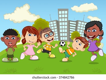 Children playing in the park cartoon vector illustration
