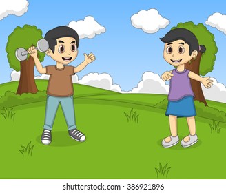 Children playing in the park cartoon vector illustration