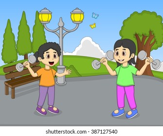 Children playing in the park cartoon vector illustration
