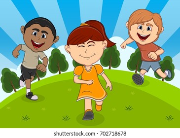 Children playing at the park cartoon vector illustration