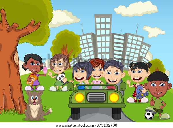 Children\
playing in the park cartoon vector\
illustration