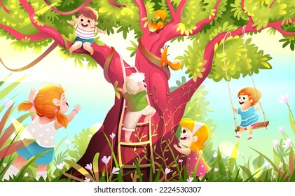 Niños jugando en un parque, trepando a un gran árbol balanceándose. Colorido y divertido paisaje de verano infantil, niños felices jugando con dibujos animados de árboles grandes. Ilustración artística de papel tapiz vectorial.