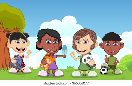 Children playing in the park with her doll and his ball cartoon vector illustration