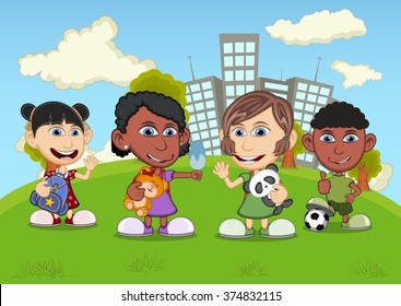 Children playing in the park with her doll and his ball cartoon vector illustration