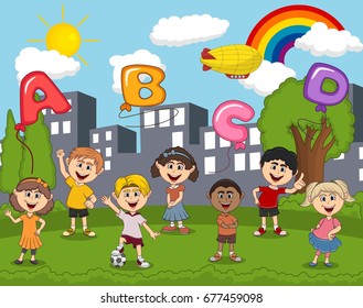 Children playing at the park with letter balloon and rainbow cartoon vector illustration