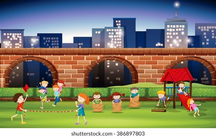 Children playing in the park at night illustration