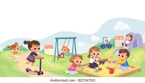 Children playing in the park. Playground with kids. Group of kids playing on playground spending time in games, having fun, fooling around. Summer activities. School yard with kids. Summer camp. - Shutterstock ID 2027247551