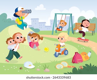 Children playing in the park. Playground with kids. Group of kids playing on playground spending time in games, having fun, fooling around  kids swinging. Summer activities. School yard. Summer camp.