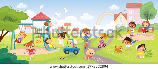Children playing in the park. Playground with kids. Group of kids playing on playground spending time in games, having fun, fooling around. Summer activities. School yard with kids. Summer background.