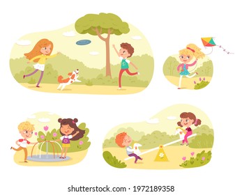 Children playing in park or playground set. Happy kids doing outdoor summer activities vector illustration. Child with flying kite, boy and girl with dog, on swing, carousel.