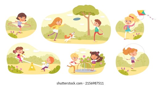 Children playing in park or playground set. Happy kids doing outdoor summer activities vector illustration. Child with flying kite, boy and girl with dog, on swing, carousel, with halahup and rope.