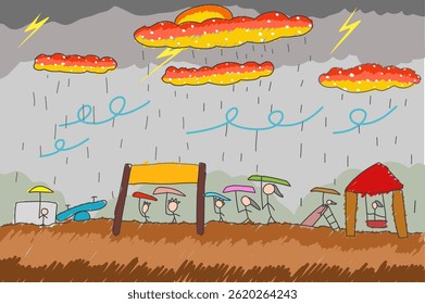 children playing in the park at rainy day illustration by children. Colored drawing by children Lightning and orange clouds on a gray background