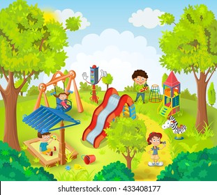 Children playing in the park vector illustrati