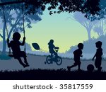 Children playing in a park. Vector illustration.