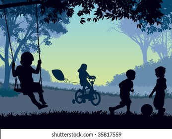 Children playing in a park. Vector illustration.