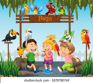 Children playing with parrot birds in the zoo scene illustration