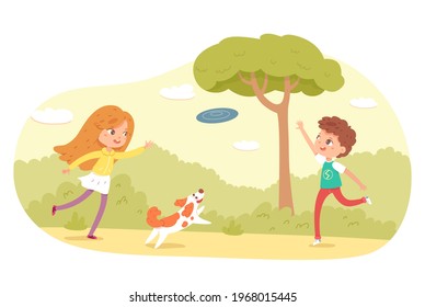 Children playing with pet in park or playground. Happy kids doing outdoor summer activities vector illustration. Boy and girl with dog throwing game, pet jumping in nature.