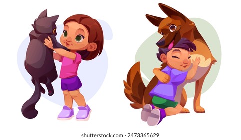 Niños jugando con las mascotas aisladas sobre fondo blanco. Ilustración de dibujos animados de Vector de escenas con la niña sosteniendo el gato esponjoso en las manos, chico lindo abrazando al perro, adopción de animales, amor y cuidado de la familia