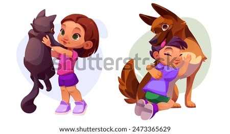 Children playing with pets isolated on white background. Vector cartoon illustration of scenes with little girl holding fluffy cat in hands, cute boy hugging dog, animal adoption, family love and care