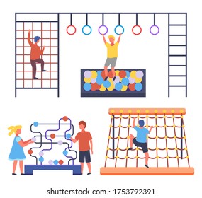 Children playing at playground. Boys climbing at rope wall, using gymnastic circles, climbing at ladder. Girl wearing dress play with boy moving balls. Kids have fun, outdoors activities, cartoon