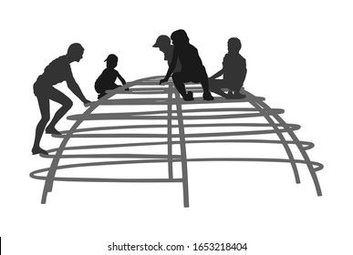 Children playing at playground climber toy in entertainment park vector silhouette. Outdoor activity, friends play fun. Kids climbers. Boys and girls enjoying after school. Active birthday celebration