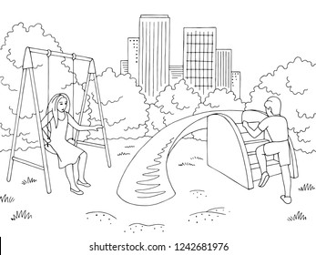 Children playing at playground graphic black white landscape sketch illustration vector