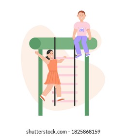 Kinder, die auf dem Spielplatz spielen, einzelne Szenen. Vektorgrafik von Jungen und Mädchen auf Schaukel, horizontale Bars, Hängetreppen, Kinderspielzeug-Schloss. Kinderspiele im Freien, Sportaktivitäten