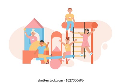 Children playing at playground isolated scenes. Vector character illustration of boys and girls on swing, horizontal bars, suspended stairs, kid toy castle. Child outdoor games, sports activities