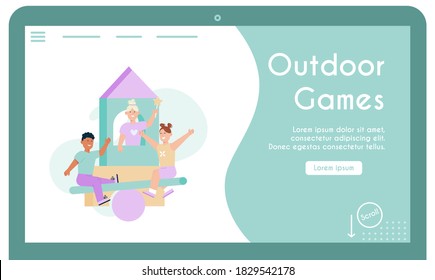 Children playing at playground isolated scenes. Vector character illustration of boys and girls on swing, horizontal bars, suspended stairs, kid toy castle. Child outdoor games, sports activities