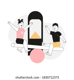 Children playing at playground isolated scenes. Vector character illustration of boys and girls on swing, horizontal bars, suspended stairs, kid toy castle. Child outdoor games, sports activities