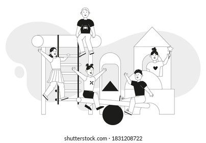 Children playing at playground isolated scenes. Vector character illustration of boys and girls on swing, horizontal bars, suspended stairs, kid toy castle. Child outdoor games, sports activities