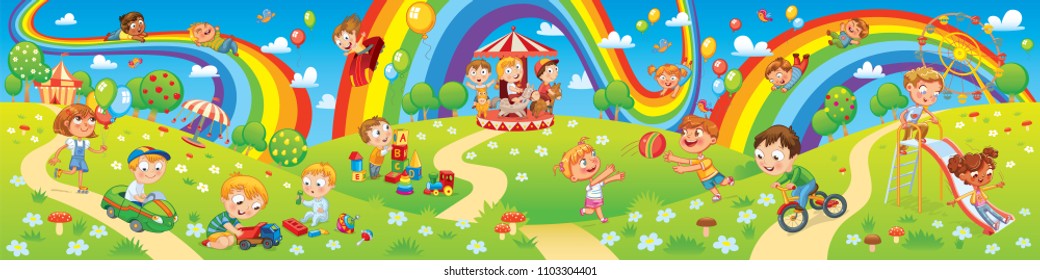 Children playing in playground. Kids zone. Place for games. Funny cartoon characters. Children slide down on a rainbow. Amusement park rides. Vector illustration. Seamless panorama