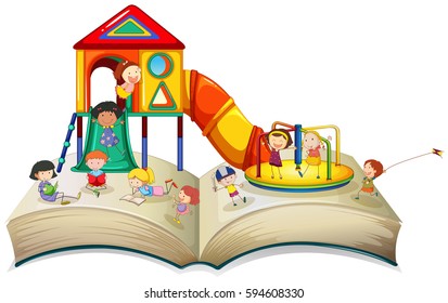 Children playing at playground on book illustration