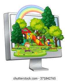 Children playing in the playground on computer screen illustration
