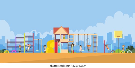 Children Playing in the Playground Outdoor Flat Vector Illustration