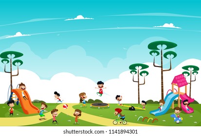 Children playing in the playground outside. Cartoon vector illustration