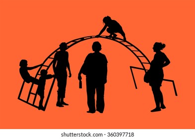 Children Playing at Playground Park Outdoor vector silhouette isolated on background. Mothers with children on playground. Back to school.
