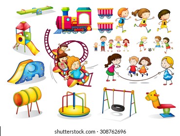 Children playing and playground set illustration