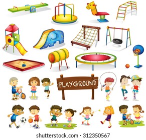 Children playing and playground set illustration
