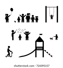 Children Playing, Playground, Stick Figure Isolated Pictograms, Vector Set