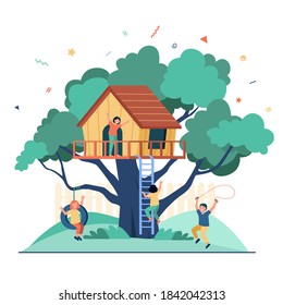 Children playing in playground with treehouse. Boys and girls enjoying summer vacation, having fun in house on tree. Vector illustration for childhood, outdoor activity, kindergarten concept