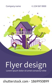 Children playing in playground with treehouse. Boys and girls enjoying summer vacation, having fun in house on tree. Vector illustration for childhood, outdoor activity, kindergarten concept