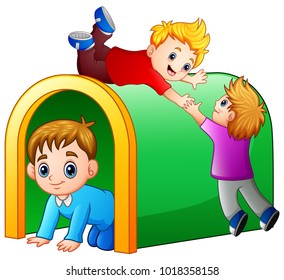 Children playing playground tunnel