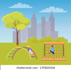 Children playing playground vector illustration. Kids on the summer play-field play in city park. Concept of summer kids school camp. Children play on the sports ground at modern kindergarten