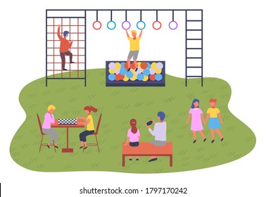 Niños jugando ilustración vectorial del patio de recreo. Niños en el campo de juego de verano en el parque de la ciudad. Concepto del campamento escolar infantil de verano. Los niños juegan en el terreno deportivo, el ajedrez, el paseo y los juegos
